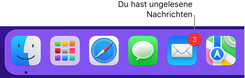 Abschnitt im Dock mit dem App-Symbol „Mail“, das mit einem Kennzeichen versehen ist, um auf ungelesene Mails hinzuweisen.