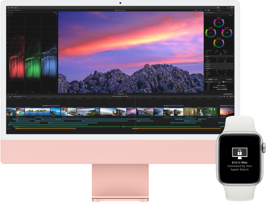 Ein iMac neben einer Apple Watch zeigt eine Nachricht an, dass der Mac durch die Uhr entsperrt wurde.