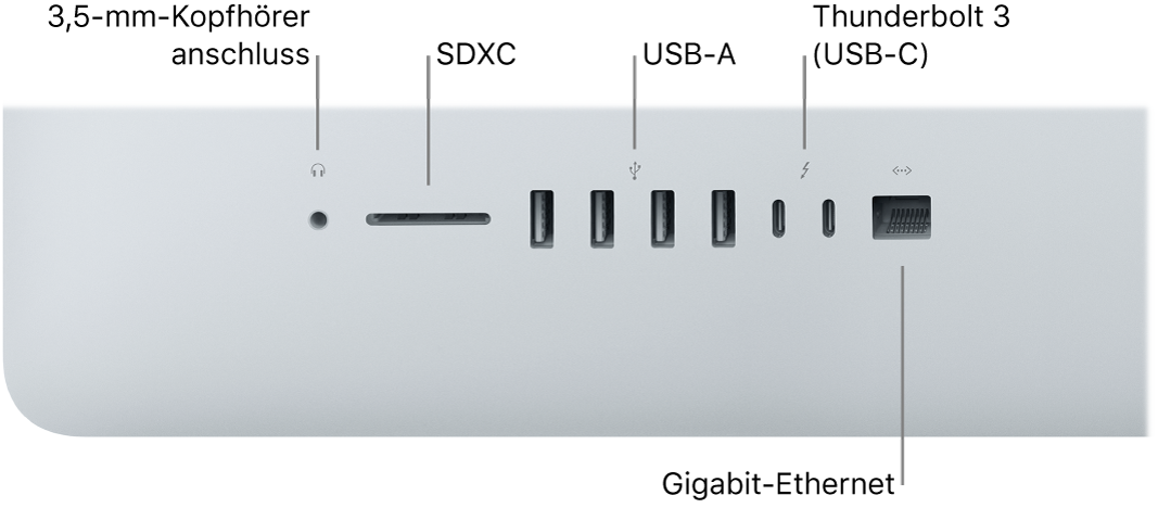 Ein iMac mit 3,5-mm-Kopfhöreranschluss, SDXC-Steckplatz, USB A-Anschluss, Thunderbolt 3-Anschlüssen (USB-C) und Gigabit-Ethernetanschluss.