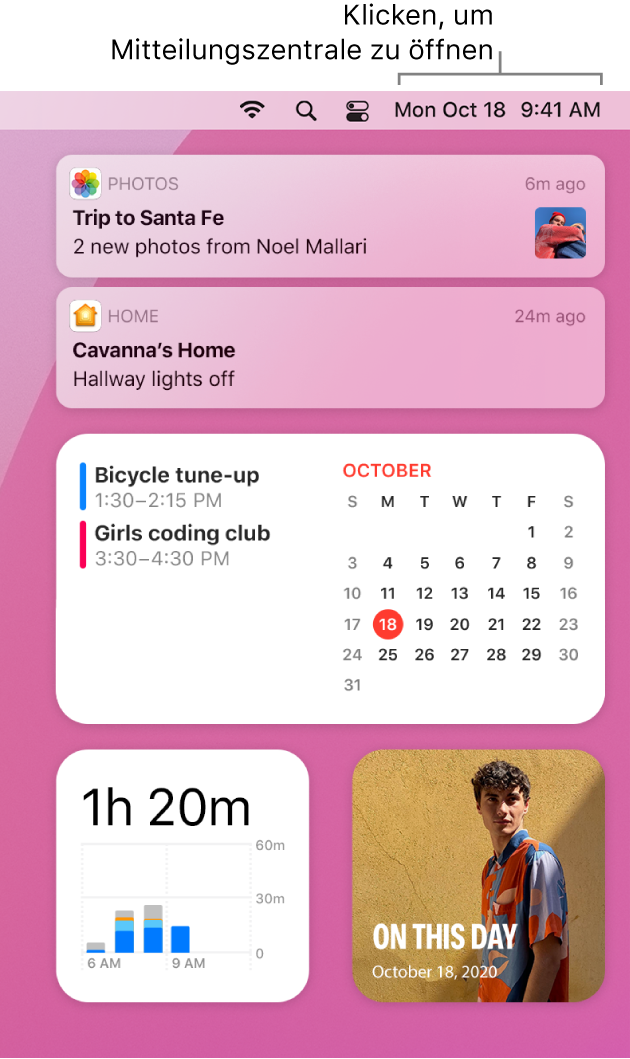 Die Mitteilungszentrale mit Mitteilungen und Widgets für die Apps „Fotos“, „Home“, „Kalender“ und „Bildschirmzeit“.