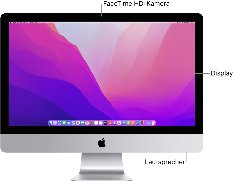 Frontansicht des iMac mit Bildschirm, Kamera und Lautsprechern
