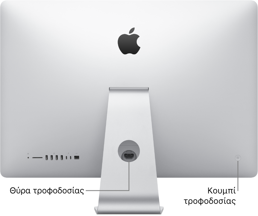 Πίσω όψη ενός iMac όπου φαίνεται το καλώδιο ρεύματος και το κουμπί τροφοδοσίας.