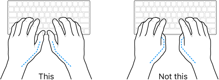 Hands positioned over a keyboard, showing correct and incorrect placement of thumbs.