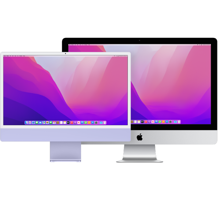 Two iMac displays, one in front of the other.