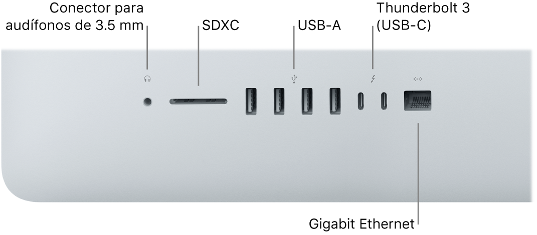Una iMac mostrando el conector para audífonos de 3.5 mm, puerto SDXC, puertos USB-A, puertos Thunderbolt 3 (USB-C) y el puerto Gigabit Ethernet.