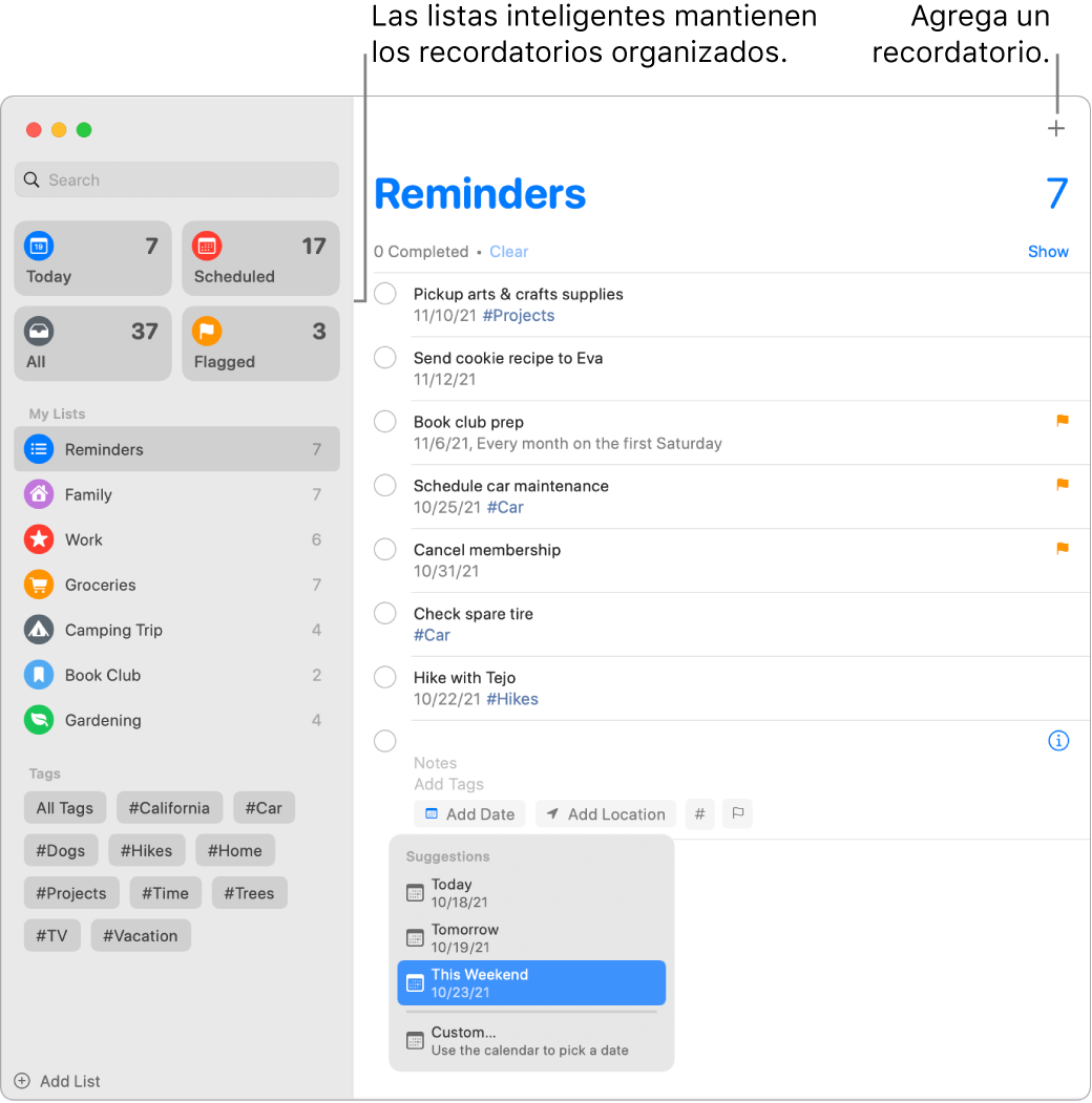 Una ventana de la app Recordatorios con listas inteligentes en el lado izquierdo, y otros recordatorios y listas debajo. El puntero se encuentra en un recordatorio y el menú Sugerencias está abierto con las sugerencias: Hoy, Mañana, Este fin de semana y Personalizado.