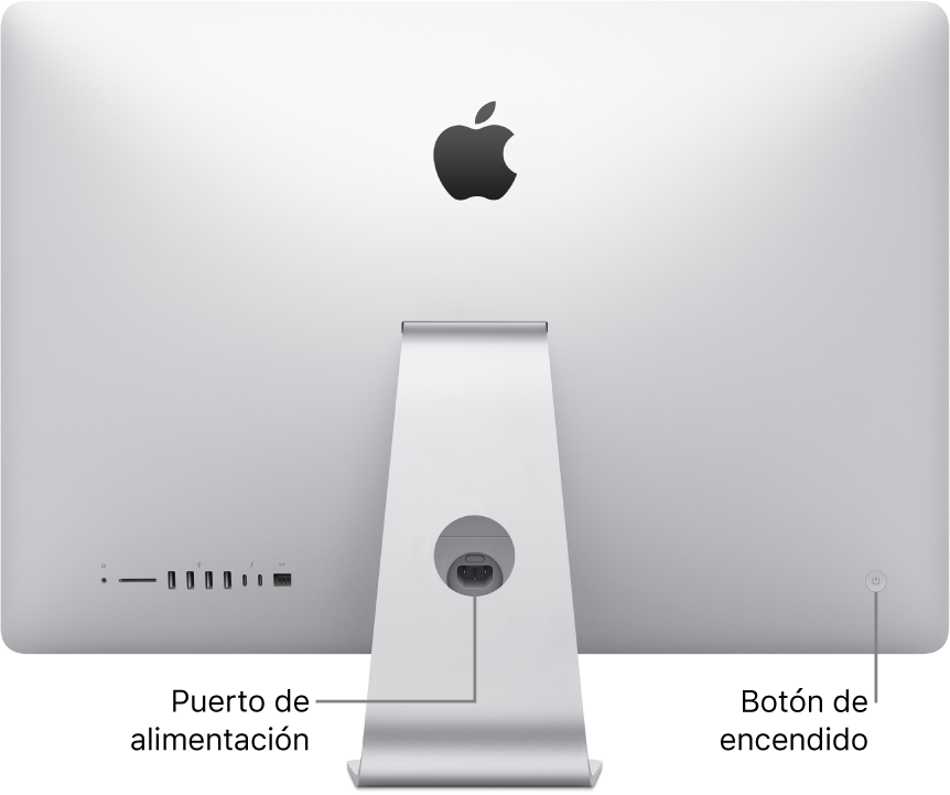Vista trasera de un iMac donde se muestra el cable de alimentación y el botón de arranque.