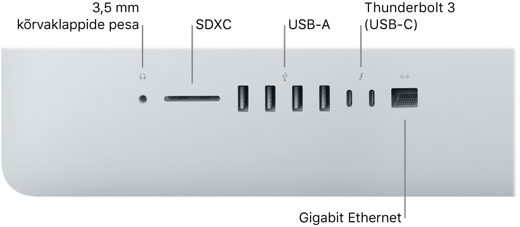 iMac, millel näidatakse 3,5 mm kõrvaklappide pesa, SDXC-pesa, USB-A-porte, Thunderbolt 3 (USB-C) porte ja Gigabit Etherneti porti.