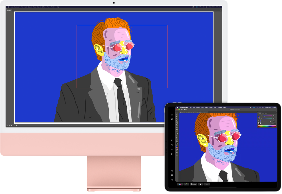 iMac ja iPad ovat vierekkäin. iMacissa näkyy kuva Illustratorin navigointi-ikkunassa. iPadissa näkyy sama kuva Illustratorin dokumentti-ikkunassa, ja sen ympärillä on työkalupalkkeja.