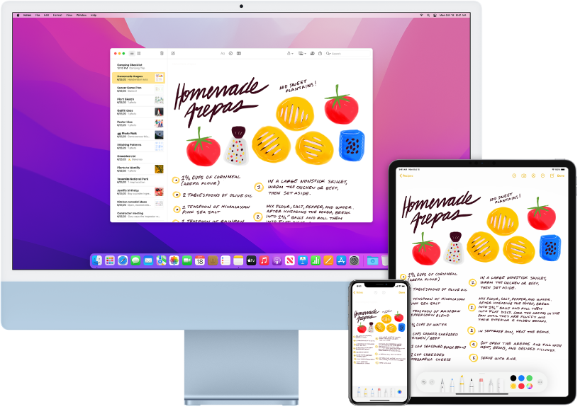 Une liste de courses dans l’app Notes affichée sur l’iMac, l’iPhone et l’iPad.