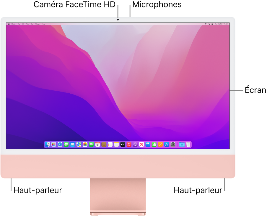 Vue frontale de l’iMac avec l’écran, la caméra, les microphones et les haut-parleurs.