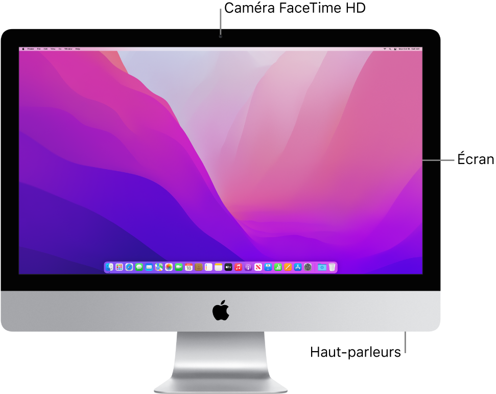 Vue frontale de l’iMac avec l’écran, la caméra et les haut-parleurs.