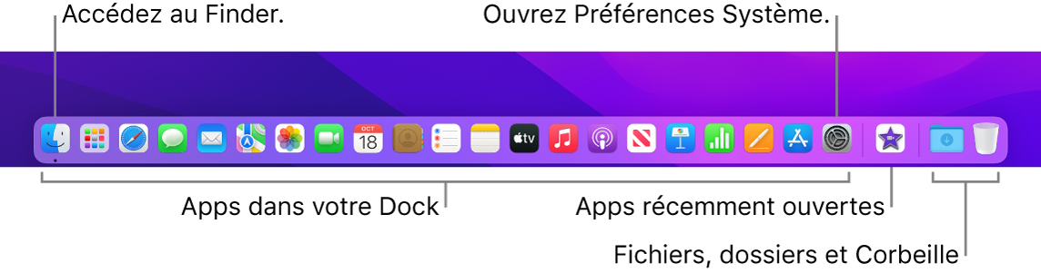 Le Dock affichant le Finder, les Préférences Système et le trait dans le Dock séparant les apps des fichiers et dossiers.