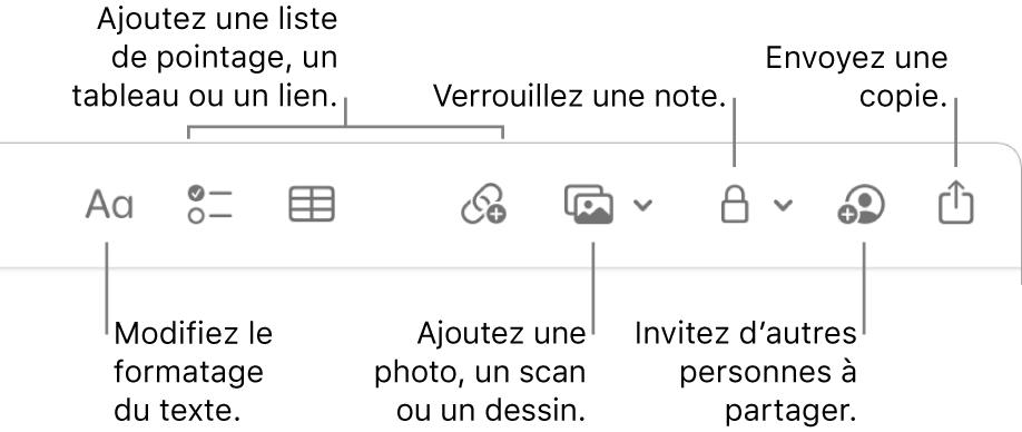 La barre d’outils de Notes avec des légendes pour les outils de format de texte, de liste de pointage, de tableau, de lien, de photos/contenu multimédia, de verrouillage, de partage et d’envoi d’une copie.
