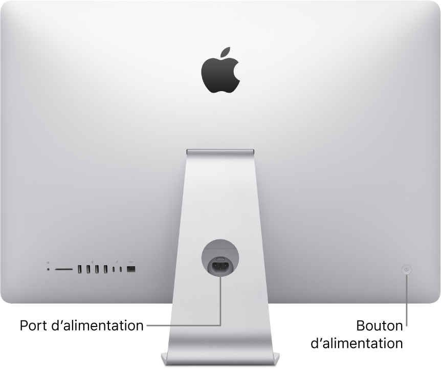 Vue arrière de l’iMac, avec le câble d’alimentation et le bouton d’alimentation.