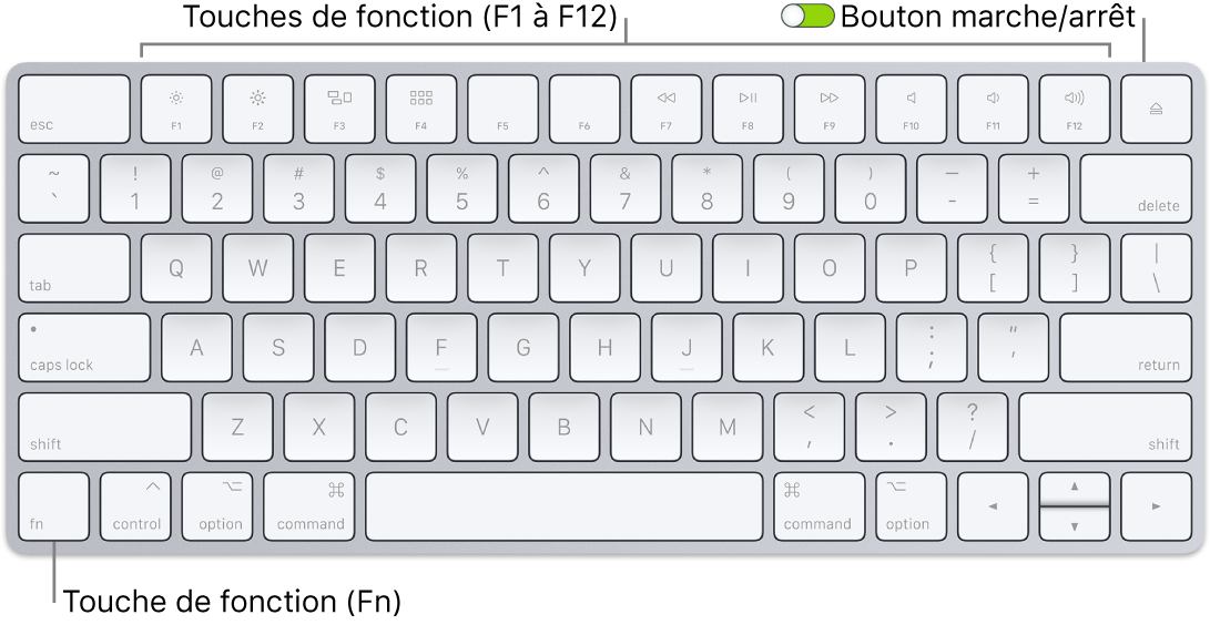 Magic Keyboard présentant la touche de fonction (Fn) dans le coin inférieur gauche et le bouton marche/arrêt dans le coin supérieur droit du clavier.