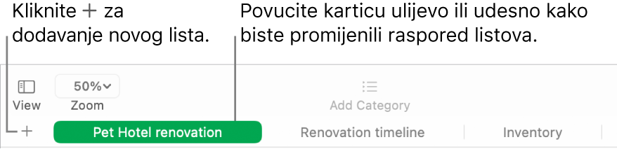 Prozor aplikacije Numbers prikazuje način za dodavanje novog lista i za razvrstavanje listova.