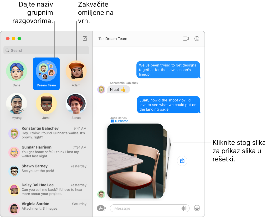 Prozor aplikacije Poruke s grupnim razgovorom i pojedinačnim razgovorima zakvačenima pri vrhu lijevog stupca. U razgovoru s desne strane nalazi se stog od šest fotografija s tipkom Spremi fotografiju pored njega.