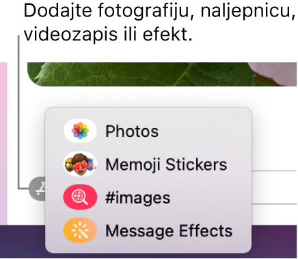 Izbornik Aplikacija s opcijama za prikaz fotografija, Memoji naljepnica, GIF-ova i efekta poruka.