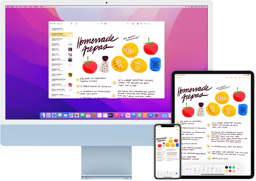 Az iMac gépen, az iPhone-on és az iPaden látható Jegyzetek alkalmazás megjelenít egy bevásárlólistát.