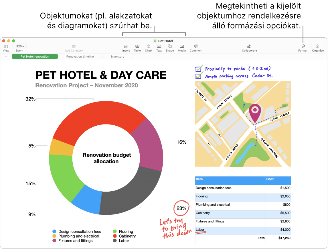 Egy Numbers-ablak, felül a szerkesztőeszközöket tartalmazó eszközsorral, a jobb felső sarok közelében az Együttműködés gombbal, a jobb oldalon pedig a Formátum és Rendezés gombokkal. A Diagramok lap a megnyitott Formátum oldalsávval.