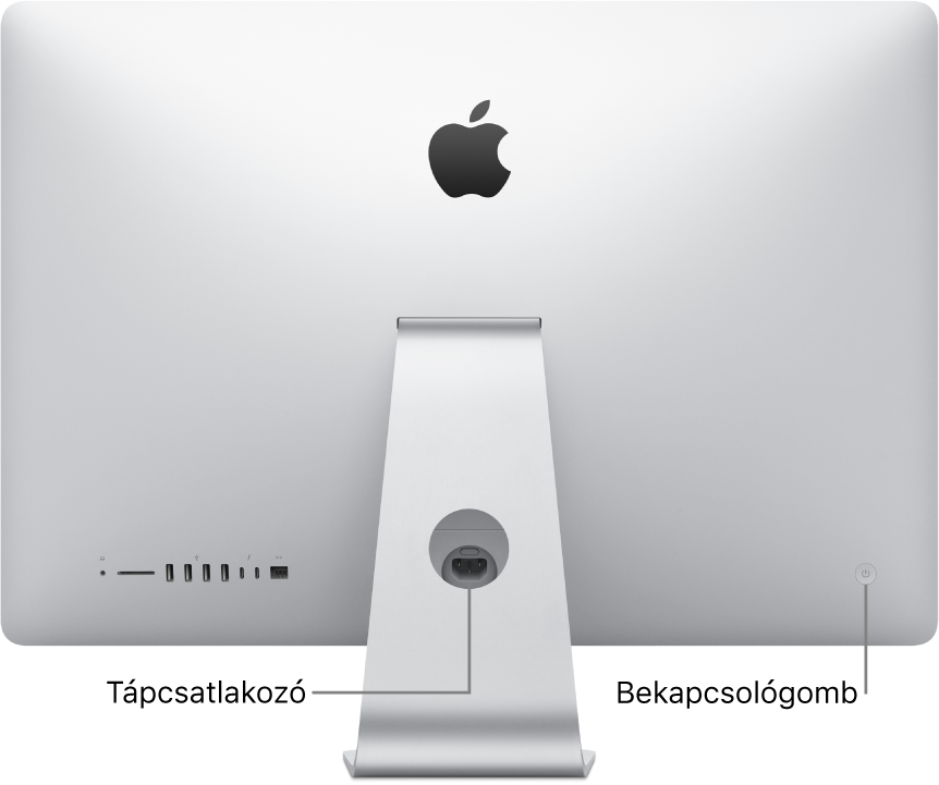 Egy iMac hátsó oldala, amelyen a tápkábel és a bekapcsológomb látható.