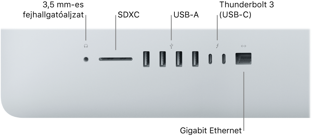 Egy iMac a 3,5 mm-es fejhallgató-csatlakozóval, az SDXC-foglalattal, USB-A-portokkal, Thunderbolt 3 (USB-C) portokkal és a Gigabit Ethernet-porttal.