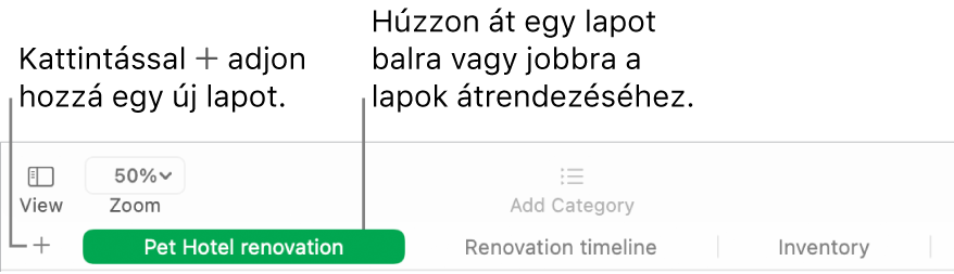 A Numbers ablaka, amelyben a lapok hozzáadásának és átrendezésének módja látható.