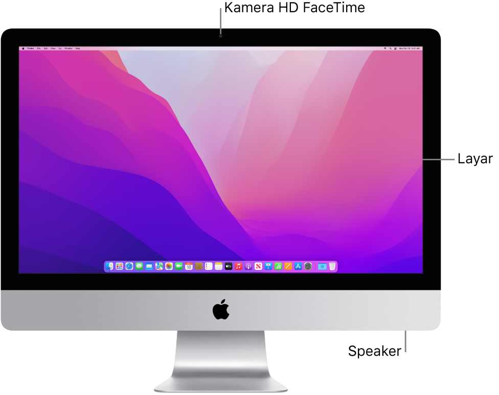 Bagian depan iMac menampilkan layar, kamera, dan speaker.