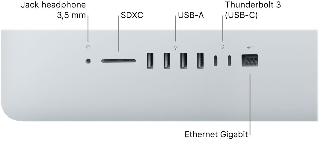 iMac menampilkan jack headphone 3,5 mm, slot SDXC, port USB-A, port Thunderbolt 3 (USB-C), dan port Ethernet Gigabit.