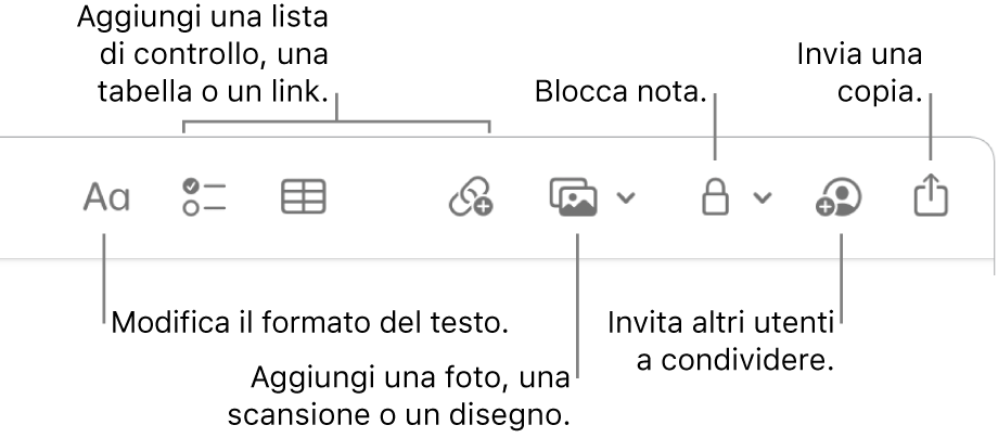 La barra degli strumenti di Note con didascalie per gli strumenti formato di testo, elenco di controllo, tabella, link, foto/media, blocco, condivisione e invio di una copia.