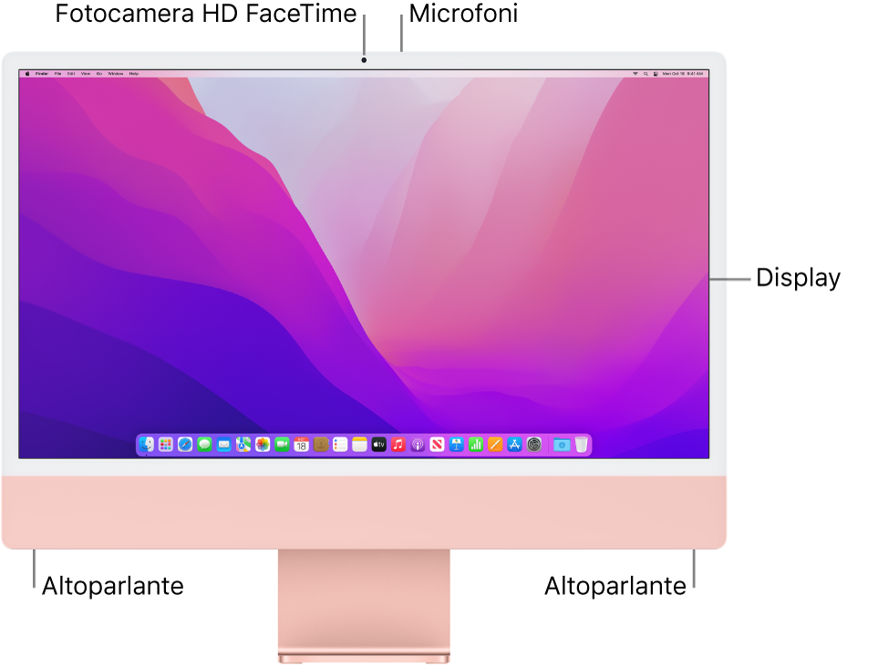 Vista frontale di iMac che mostra lo schermo, la fotocamera, i microfoni e gli altoparlanti.