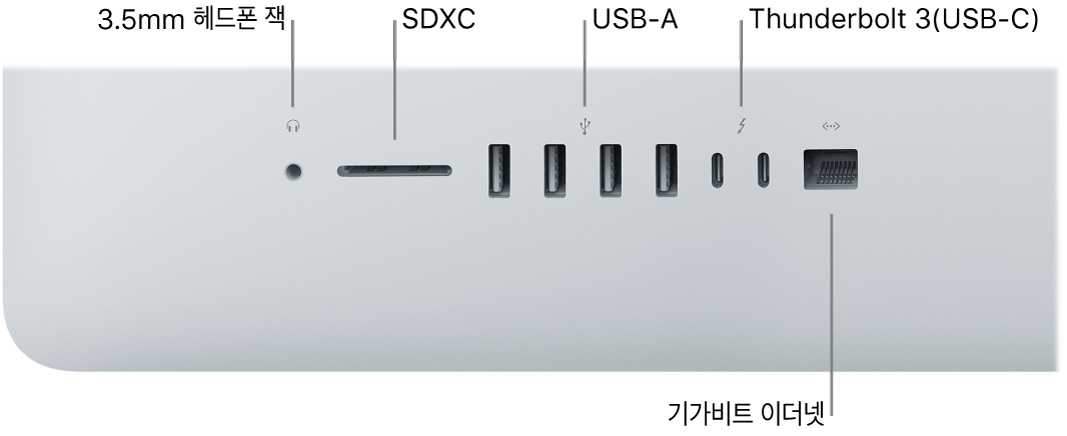 3.5mm 헤드폰 잭, SDXC 슬롯, USB-A 포트, Thunderbolt 3(USB-C) 포트 및 기가비트 이더넷 포트를 보여주는 iMac.