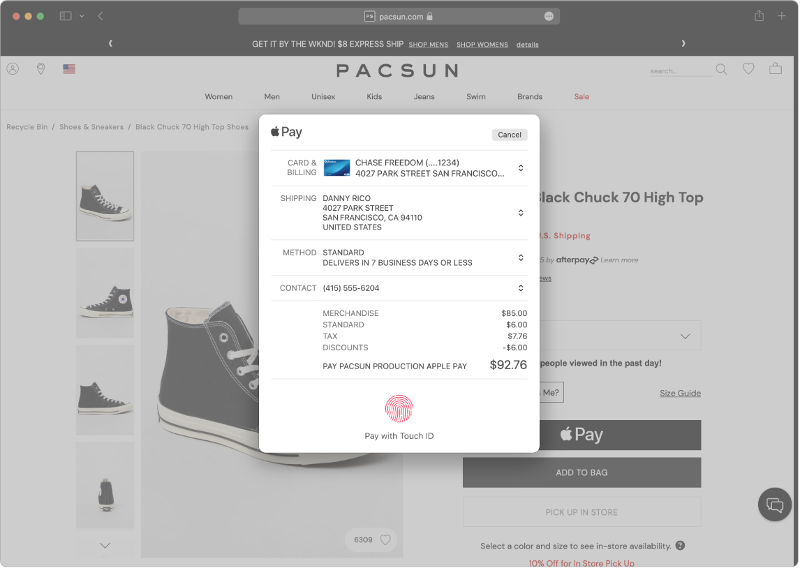Safari에서 Touch ID를 사용하는 Apple Pay 옵션으로 온라인 구입 진행 상태를 표시하는 Mac 화면.
