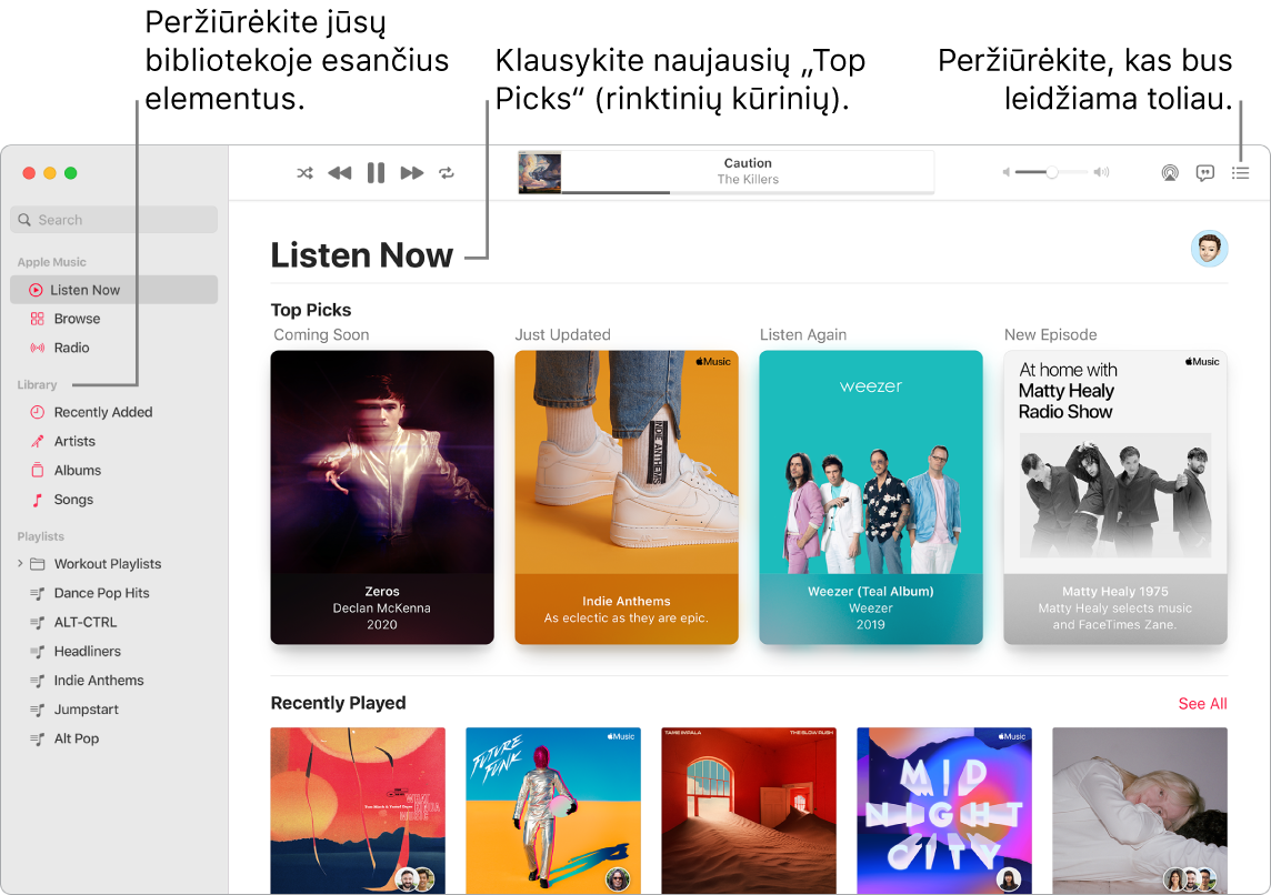 Programos „Music“ langas, kuriame rodoma, kaip peržiūrėti biblioteką, klausytis „Apple Music“ ir peržiūrėti tolesnę dainą.