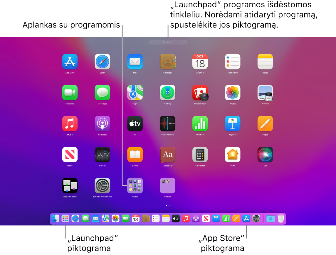 „Mac“ ekrane atidaryta funkcija „Launchpad“: rodomas „Launchpad“ programų aplankas, „Dock“ juostoje matomos „Launchpad“ ir „App Store“ piktogramos.