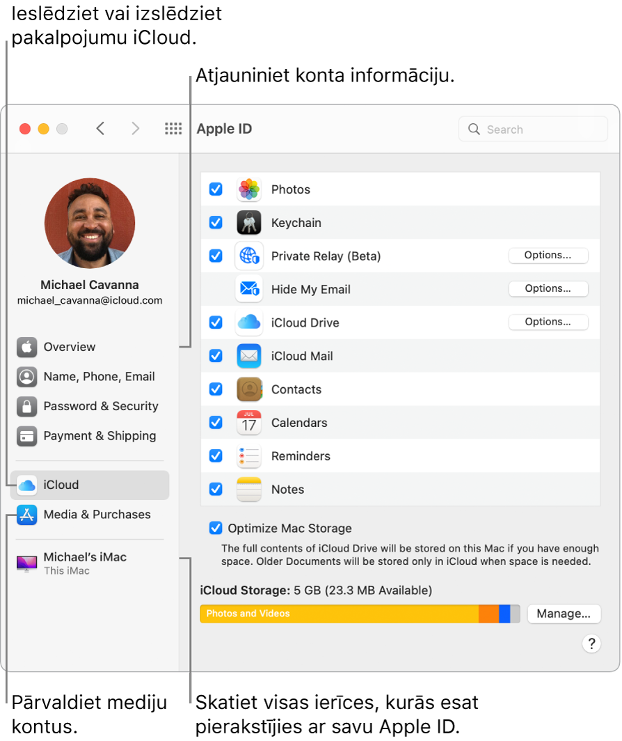 Apple ID rūts izvēlnē System Preferences. Noklikšķiniet uz elementa sānu joslā, lai atjauninātu savu konta informāciju, ieslēgtu vai izslēgtu pakalpojumu iCloud, pārvaldītu mediju kontus un skatītu visas ierīces, kurās esat pierakstījies ar savu Apple ID.