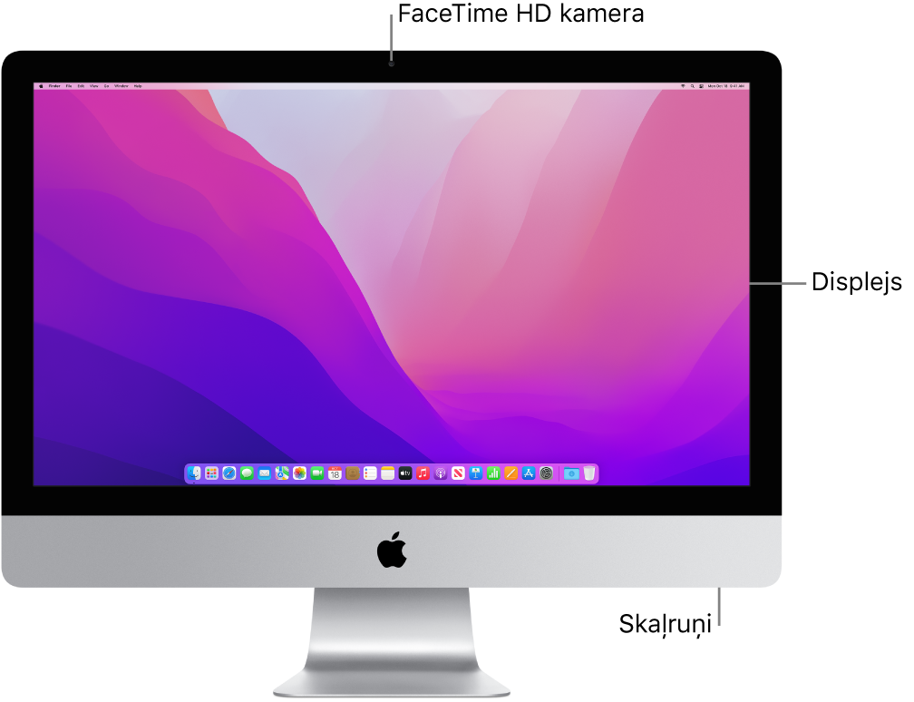 Skats uz iMac datoru no priekšpuses; redzams displejs, kamera un skaļruņi.