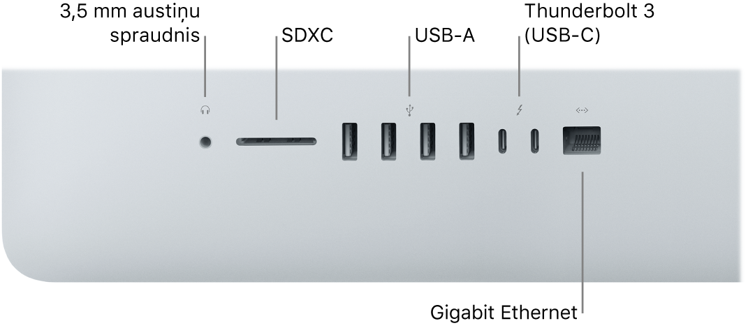 iMac dators ar redzamu 3,5 mm austiņu ligzdu, SDXC ligzdu, USB-A portiem, Thunderbolt 3 (USB-C) portiem un Gigabit Ethernet portu.