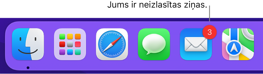 Joslas Dock daļa, kurā redzama lietotnes Mail ikona ar emblēmu, kas norāda nelasīto ziņojumu skaitu.