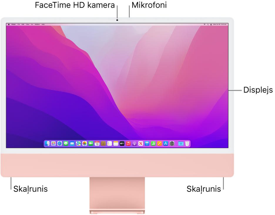 Skats uz iMac datoru no priekšpuses; redzams displejs, kamera, mikrofoni un skaļruņi.