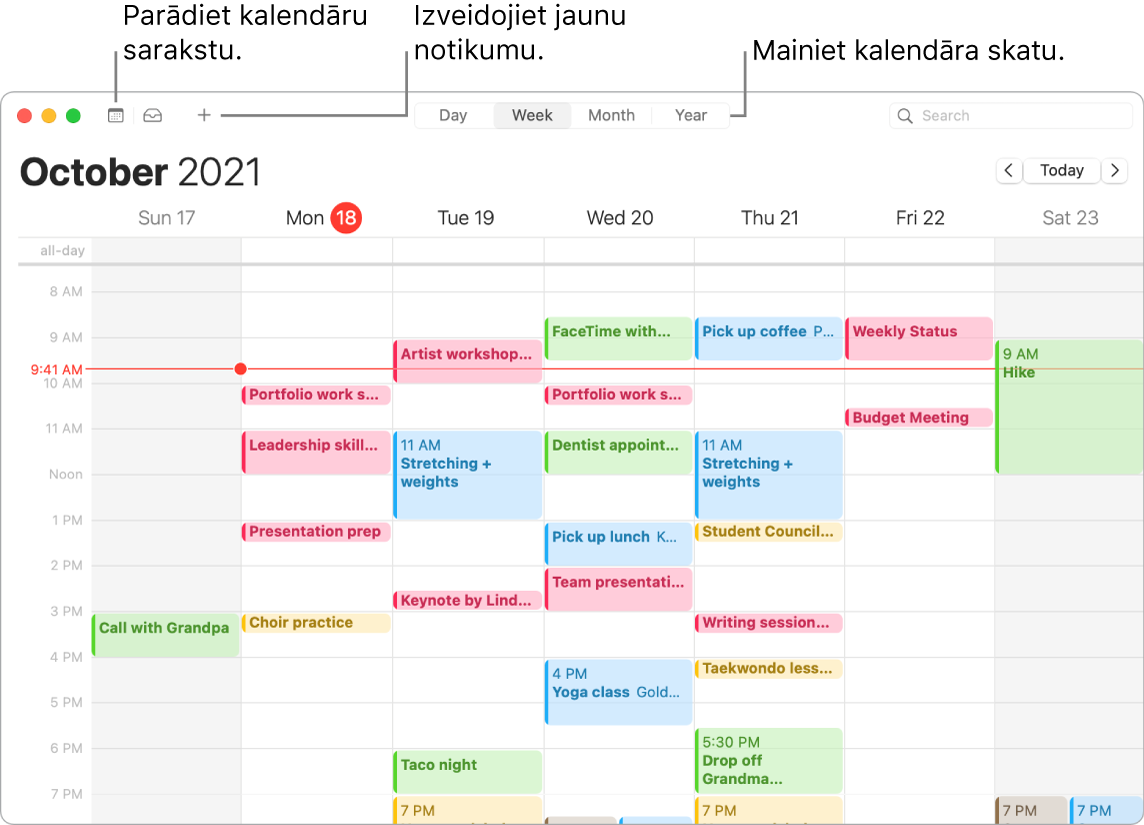 Lietotnes Calendar logā redzams, kā izveidot notikumu, parādīt kalendāru sarakstu un izvēlēties skatu Day, Week, Month vai Year.