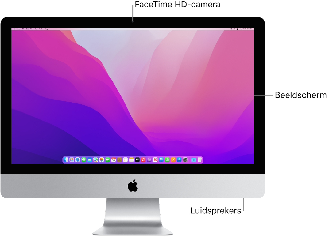 Vooraanzicht van een iMac met het beeldscherm, de camera en luidsprekers.