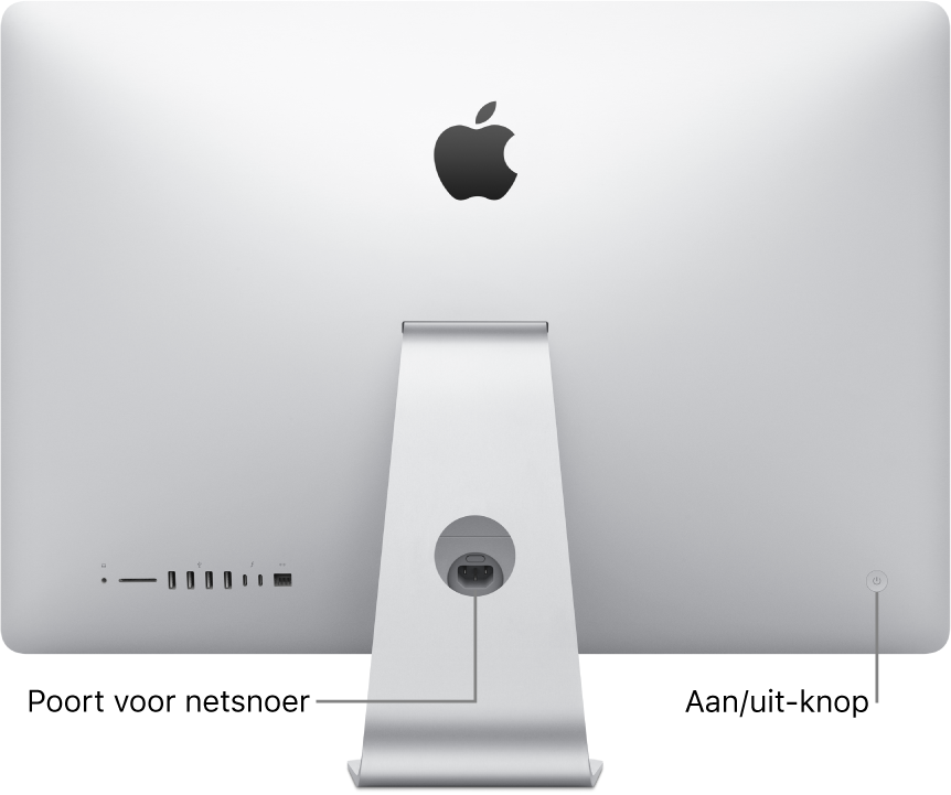 Achteraanzicht van de iMac met het netsnoer en de aan/uit-knop.