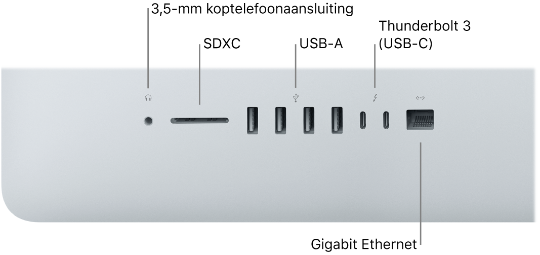 Een iMac met de 3,5-mm koptelefoonaansluiting, SDXC-sleuf, USB-A-poorten, Thunderbolt 3-poorten (USB-C) en Gigabit Ethernet-poort.