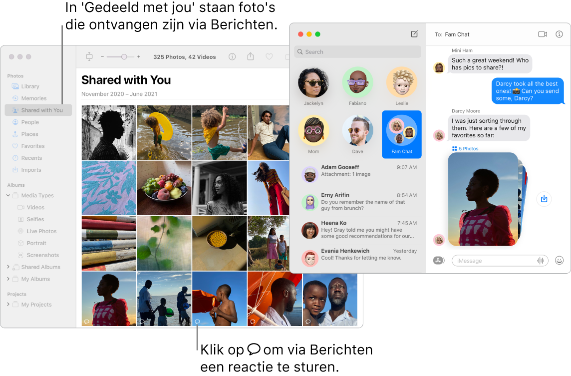 Een gesprek in Berichten met een stapel foto's aan de rechterkant, en het gedeelte 'Gedeeld met jou' in een Foto's-venster met daarin foto's die zijn gedeeld via de Berichten-app.