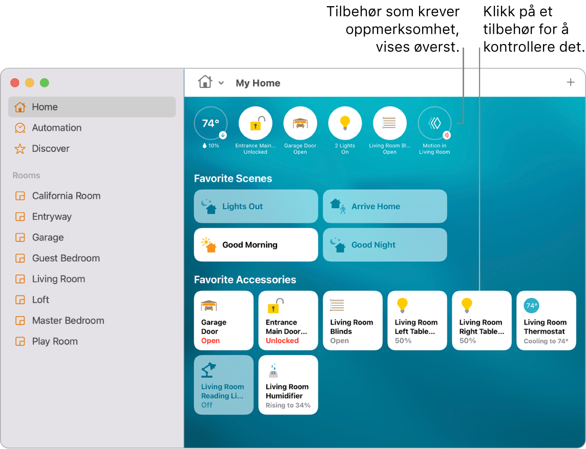 Hjem-appen som viser favorittstemninger og favorittilbehør.