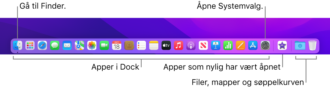 Dock, som viser Finder, Systemvalg og linjen i Dock som skiller apper fra filer og mapper.