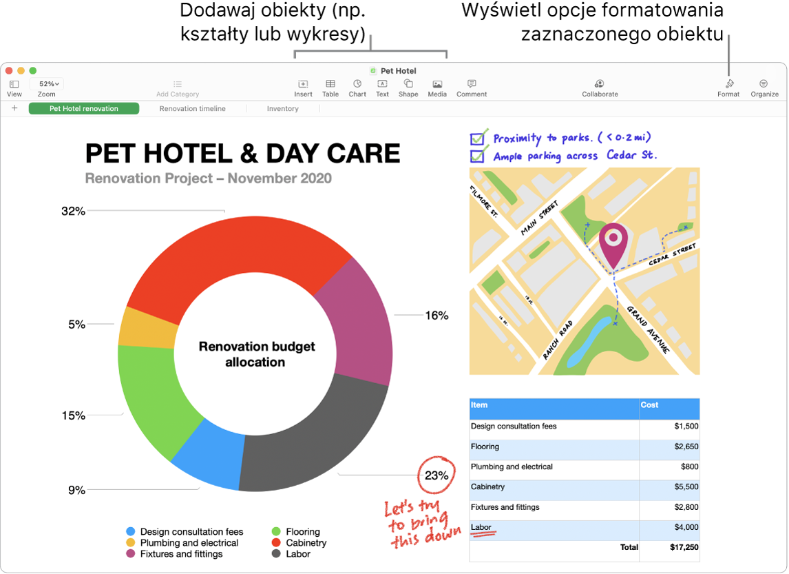 Okno aplikacji Numbers z paskiem narzędzi oraz narzędziami edycji (u góry), przyciskiem udostępniania (po prawej u góry) oraz przyciskami Format i Organizuj (po prawej). Widoczny jest pasek boczny Format z kartą Wykres.