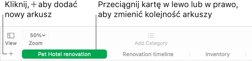 Okno aplikacji Numbers z opisami przycisków dodawania nowego arkusza oraz zmiany kolejności arkuszy.